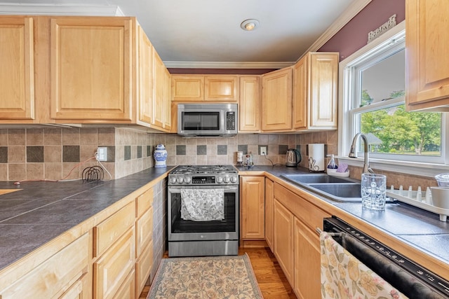 4941 W 119th St, Alsip, IL 60803 - kitchen featuring stainless steel appliances, light brown cabinetry, decorative backsplash, and ornamental molding