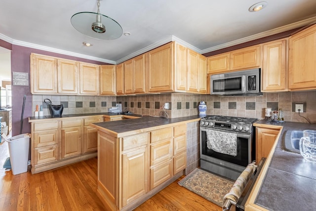 4941 W 119th St, Alsip, IL 60803 - kitchen featuring appliances with stainless steel finishes, light brown cabinets, light wood finished floors, tile countertops, and crown molding