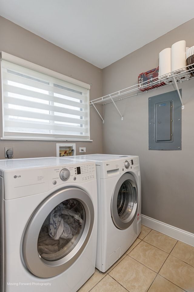 1906 Heatherway Ln Unit 7, New Lenox, IL 60451 - laundry room with electric panel, independent washer and dryer, and light tile patterned flooring
