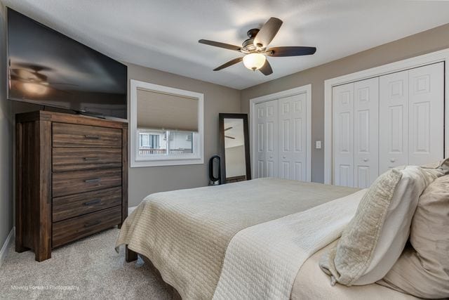 1906 Heatherway Ln Unit 7, New Lenox, IL 60451 - bedroom with multiple closets, light carpet, and ceiling fan