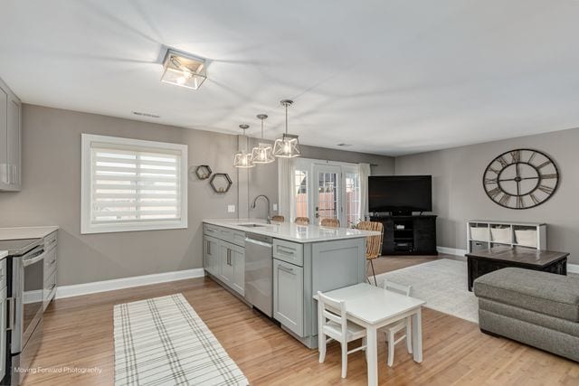 1906 Heatherway Ln Unit 7, New Lenox, IL 60451 - kitchen with stainless steel appliances, gray cabinets, a peninsula, light countertops, and light wood-style floors