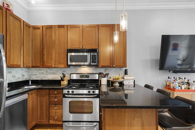 1849 W Superior St Unit 3, Chicago, IL 60622 - kitchen with appliances with stainless steel finishes, crown molding, brown cabinetry, a kitchen breakfast bar, and decorative backsplash