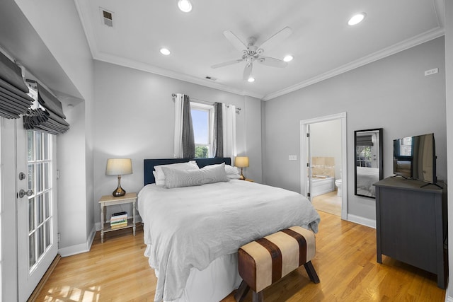 1849 W Superior St Unit 3, Chicago, IL 60622 - bedroom with crown molding, recessed lighting, light wood-type flooring, connected bathroom, and ceiling fan