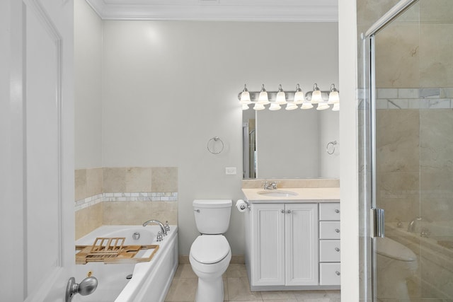 1849 W Superior St Unit 3, Chicago, IL 60622 - bathroom featuring a garden tub, ornamental molding, vanity, a stall shower, and tile patterned flooring