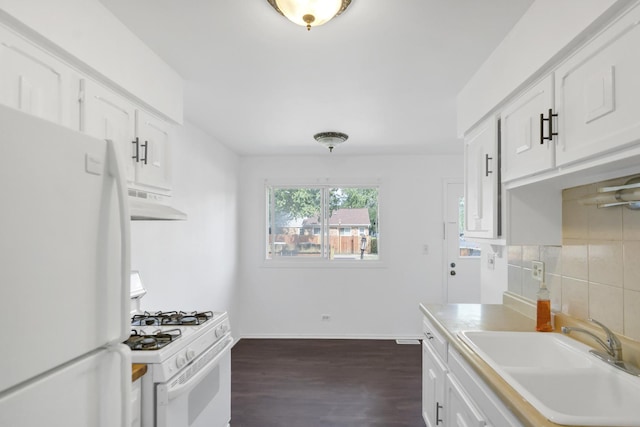 4018 Oxford Ct, Streamwood, IL 60107 - kitchen with white appliances, ventilation hood, decorative backsplash, dark wood-style floors, and white cabinetry