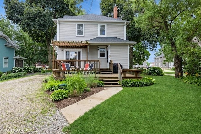 11610 2nd St, Huntley, IL 60142 - rear view of property with a chimney, a lawn, a wooden deck, and a pergola