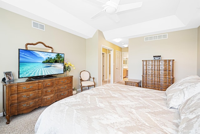 18011 Breckenridge Blvd, Orland Park, IL 60467 - bedroom with light carpet, ceiling fan, connected bathroom, and vaulted ceiling