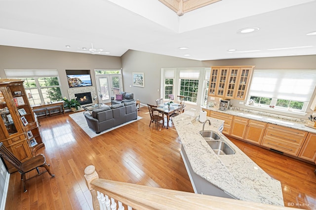 18011 Breckenridge Blvd, Orland Park, IL 60467 - kitchen with plenty of natural light, a fireplace, glass insert cabinets, light wood-type flooring, and lofted ceiling