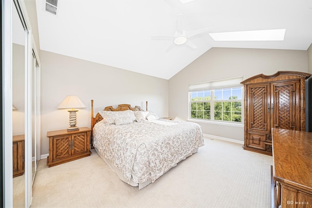 18011 Breckenridge Blvd, Orland Park, IL 60467 - bedroom featuring a skylight, light carpet, lofted ceiling, a closet, and a ceiling fan