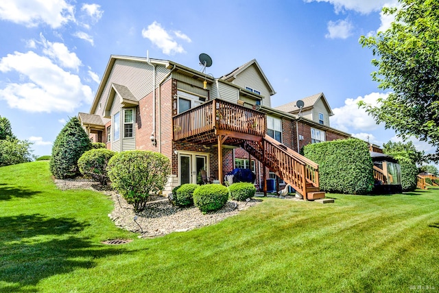 18011 Breckenridge Blvd, Orland Park, IL 60467 - rear view of property featuring a wooden deck, brick siding, a yard, and stairs