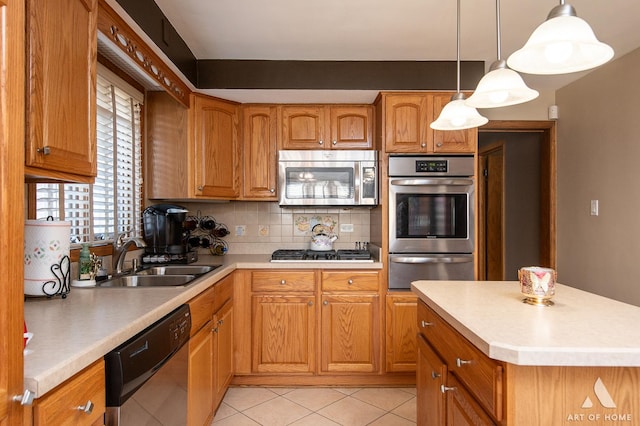 5831 S Meade Ave, Chicago, IL 60638 - kitchen featuring stainless steel appliances, a warming drawer, light tile patterned floors, and brown cabinets
