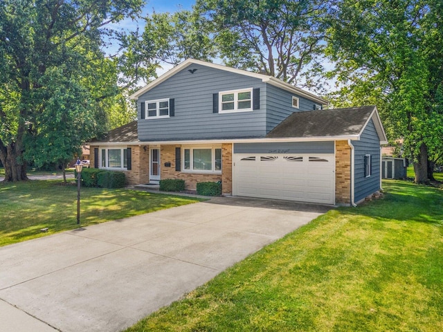 308 Long Ave, North Aurora, IL 60542 - view of front of property featuring brick siding, an attached garage, a front lawn, driveway, and roof with shingles