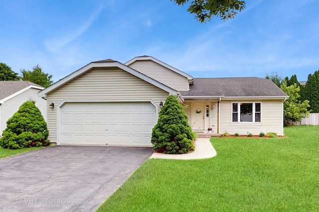 ranch-style home featuring asphalt driveway, an attached garage, and roof with shingles