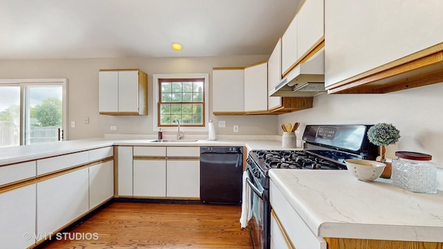 1828 Wicker St, Woodstock, IL 60098 - kitchen with black dishwasher, range with gas cooktop, under cabinet range hood, light countertops, and light wood-style flooring