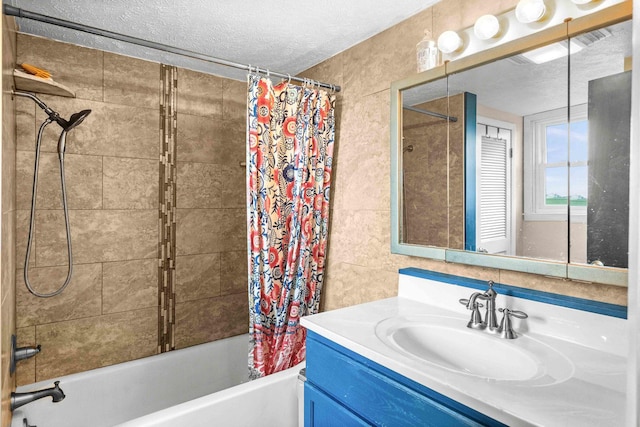 28231 US Highway 150, Leroy, IL 61752 - bathroom with shower / bath combo with shower curtain, vanity, and a textured ceiling
