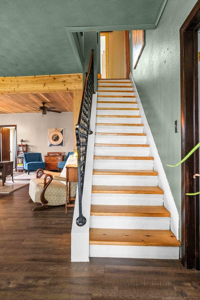 28231 US Highway 150, Leroy, IL 61752 - staircase with wood finished floors, beam ceiling, and a ceiling fan