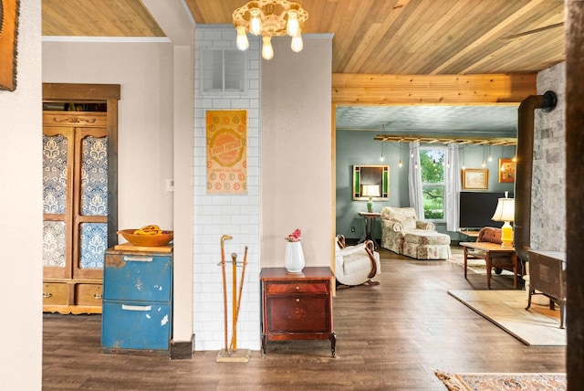 28231 US Highway 150, Leroy, IL 61752 - living area with wood finished floors, wooden ceiling, and a chandelier
