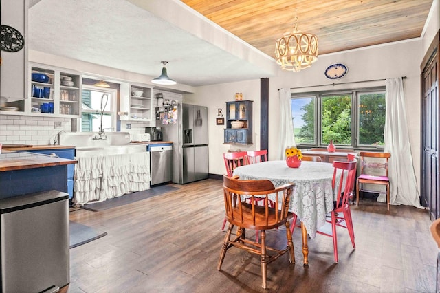 28231 US Highway 150, Leroy, IL 61752 - dining area with wooden ceiling, dark wood finished floors, and a chandelier