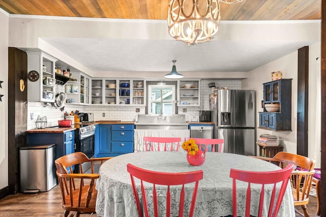 28231 US Highway 150, Leroy, IL 61752 - kitchen featuring blue cabinets, stainless steel appliances, open shelves, wood ceiling, and wood counters