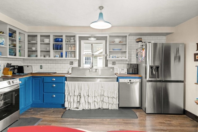 28231 US Highway 150, Leroy, IL 61752 - kitchen featuring stainless steel appliances, open shelves, blue cabinets, and wooden counters