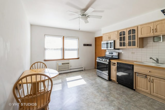 837 N Harlem Ave Unit 2N, Oak Park, IL 60302 - kitchen featuring stainless steel appliances, a baseboard radiator, light brown cabinetry, a ceiling fan, and glass insert cabinets