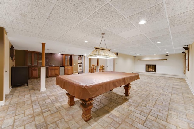 1234 Will Dr, Lockport, IL 60441 - game room with brick patterned floors, bar area, a paneled ceiling, recessed lighting, and billiards