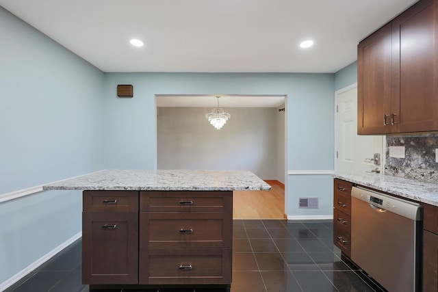9043 Oriole Ave, Morton Grove, IL 60053 - empty room with a chandelier, dark tile patterned flooring, and stairs