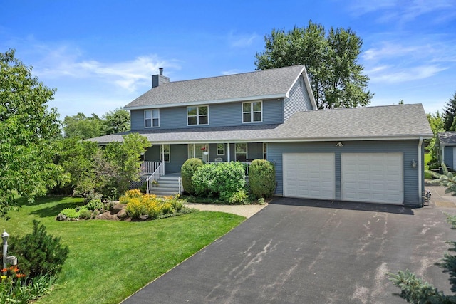 15893 Aime Ln, Wadsworth, IL 60083 - view of front facade with a garage, driveway, a porch, a chimney, and a front yard