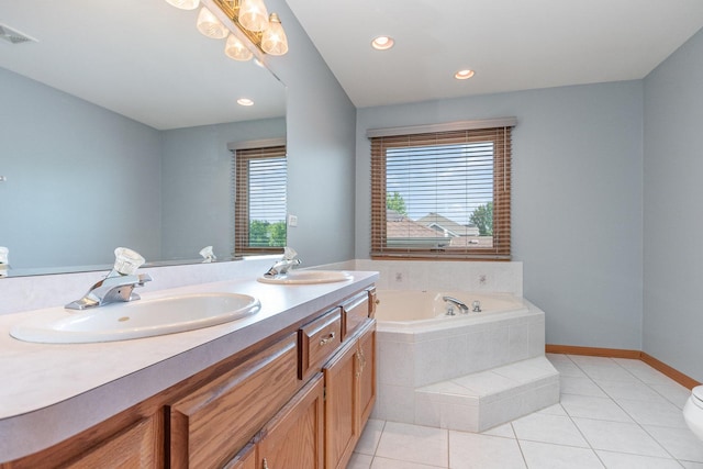 641 Downing St, New Lenox, IL 60451 - bathroom with a bath, double vanity, tile patterned floors, and recessed lighting
