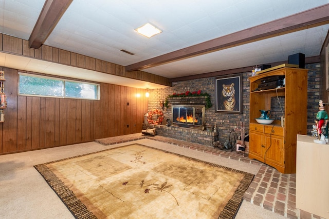 874 Hillandale Dr, Antioch, IL 60002 - living room with wooden walls, a brick fireplace, beam ceiling, and brick patterned flooring
