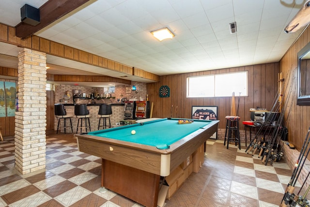 874 Hillandale Dr, Antioch, IL 60002 - rec room featuring tile patterned floors, wooden walls, bar, pool table, and decorative columns