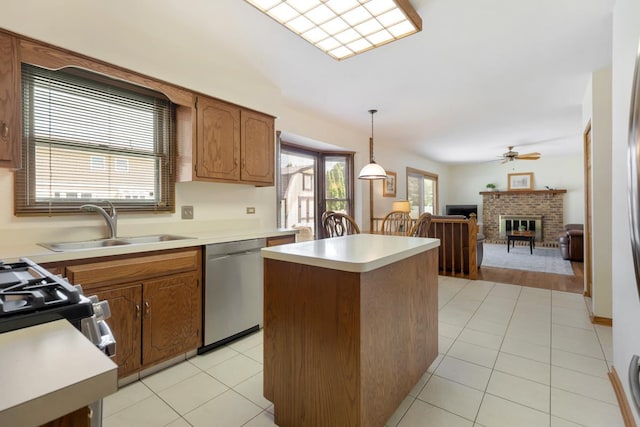 588 Montego Dr, Elk Grove Village, IL 60007 - kitchen with dishwasher, a ceiling fan, a kitchen island, and light tile patterned flooring