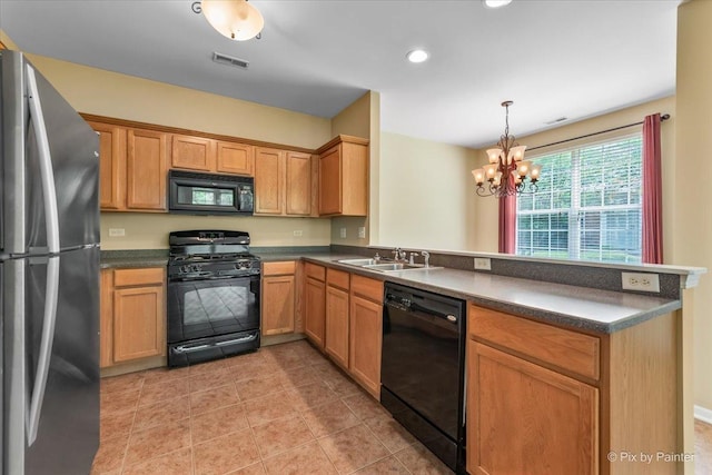 16 Christie Ct Unit 16, Algonquin, IL 60102 - kitchen featuring black appliances, a peninsula, dark countertops, a chandelier, and recessed lighting