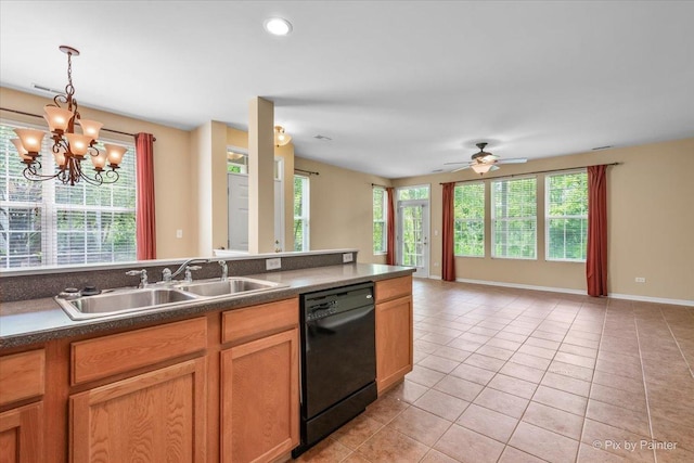 16 Christie Ct Unit 16, Algonquin, IL 60102 - kitchen with dishwasher, light tile patterned floors, dark countertops, hanging light fixtures, and recessed lighting
