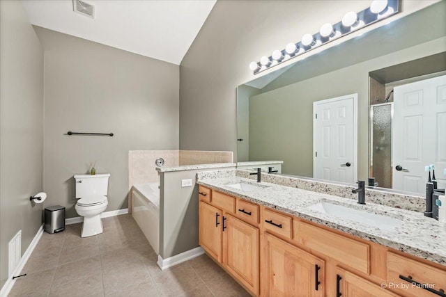 9196 Falcon Greens Dr, Lakewood, IL 60014 - bathroom featuring a stall shower, vaulted ceiling, double vanity, tile patterned floors, and a bath