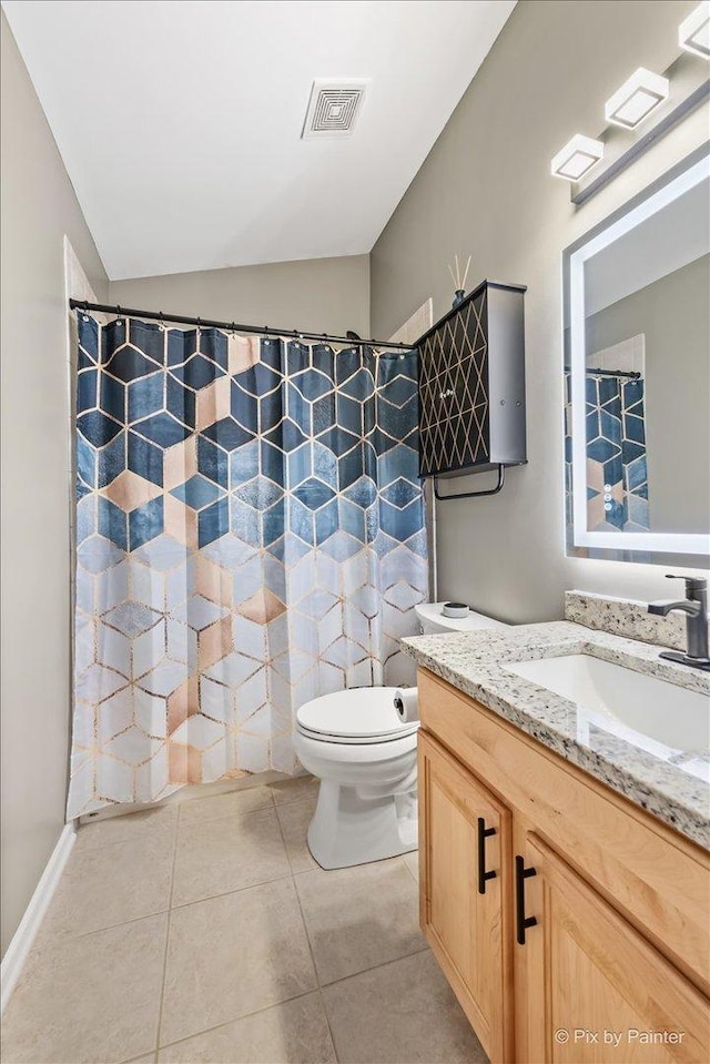 9196 Falcon Greens Dr, Lakewood, IL 60014 - bathroom with vanity, tile patterned flooring, lofted ceiling, and a shower with shower curtain