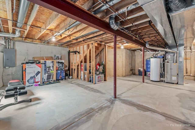 9196 Falcon Greens Dr, Lakewood, IL 60014 - unfinished below grade area with electric panel, water heater, and heating unit