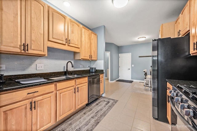 9196 Falcon Greens Dr, Lakewood, IL 60014 - kitchen with appliances with stainless steel finishes, light brown cabinets, backsplash, and dark stone counters