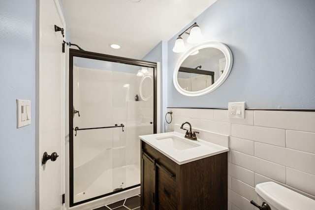 2425 N Drury Ln, Arlington Heights, IL 60004 - full bath with a shower stall, vanity, and tile walls