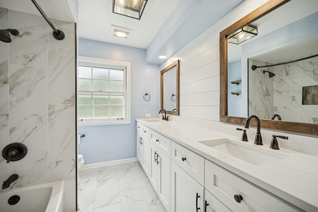 2425 N Drury Ln, Arlington Heights, IL 60004 - full bath featuring marble look tile flooring, double vanity, and  shower combination