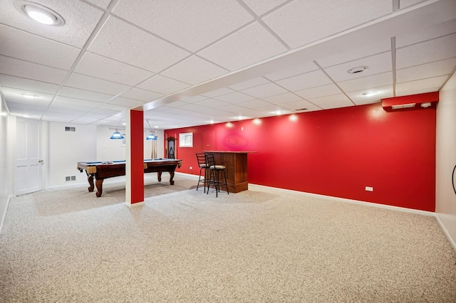 2425 N Drury Ln, Arlington Heights, IL 60004 - recreation room featuring a drop ceiling, a dry bar, carpet floors, and billiards table