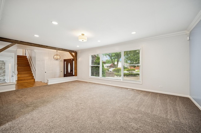 2425 N Drury Ln, Arlington Heights, IL 60004 - unfurnished living room with carpet, ornamental molding, stairway, and recessed lighting