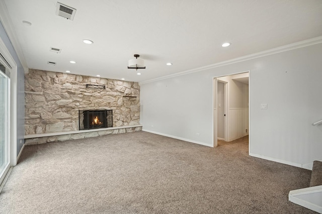 2425 N Drury Ln, Arlington Heights, IL 60004 - unfurnished living room featuring a fireplace, carpet, crown molding, and recessed lighting