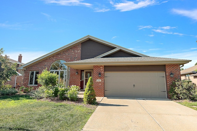 8542 Monaghan Dr, Tinley Park, IL 60487 - view of front of property with brick siding, a garage, driveway, a front yard, and a shingled roof