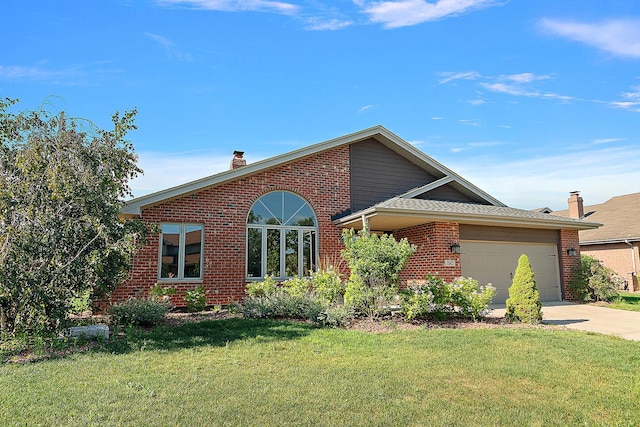 8542 Monaghan Dr, Tinley Park, IL 60487 - ranch-style house featuring brick siding, a chimney, a front lawn, concrete driveway, and a garage