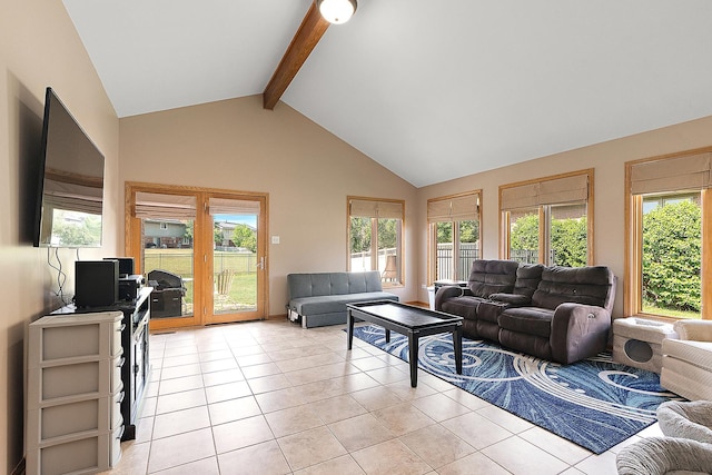 8542 Monaghan Dr, Tinley Park, IL 60487 - living room with beamed ceiling, light tile patterned flooring, healthy amount of natural light, and high vaulted ceiling