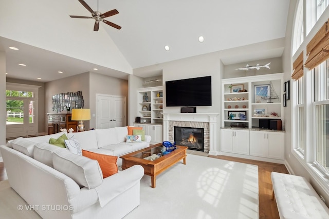6531 W Cedar Ct, Monee, IL 60449 - living area featuring a brick fireplace, high vaulted ceiling, a ceiling fan, recessed lighting, and built in features