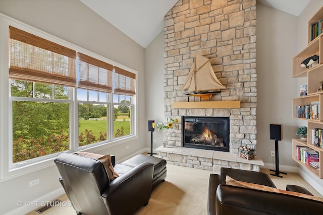 6531 W Cedar Ct, Monee, IL 60449 - living room featuring vaulted ceiling, a fireplace, and carpet