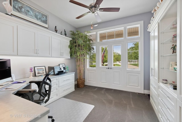 6531 W Cedar Ct, Monee, IL 60449 - office featuring carpet floors, built in desk, and ceiling fan