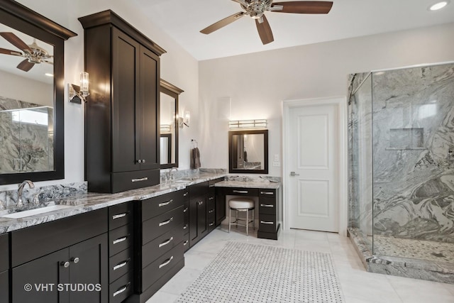 6531 W Cedar Ct, Monee, IL 60449 - full bathroom with ceiling fan, a marble finish shower, and double vanity